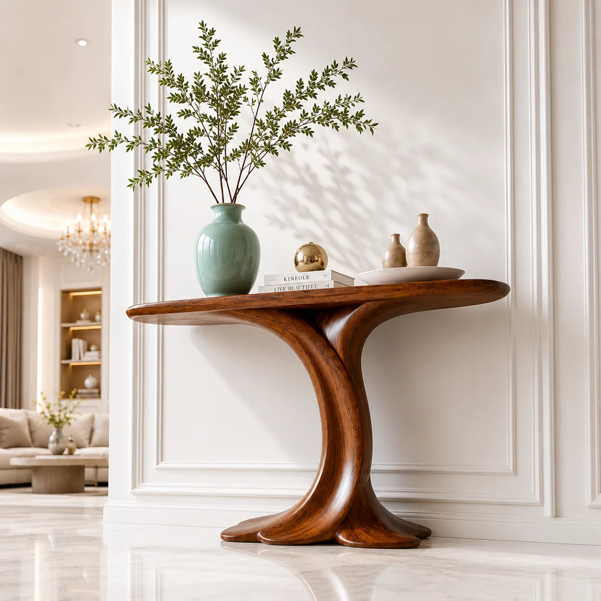 Sculptural Wooden Console Table for Entryway and Living Room Decor