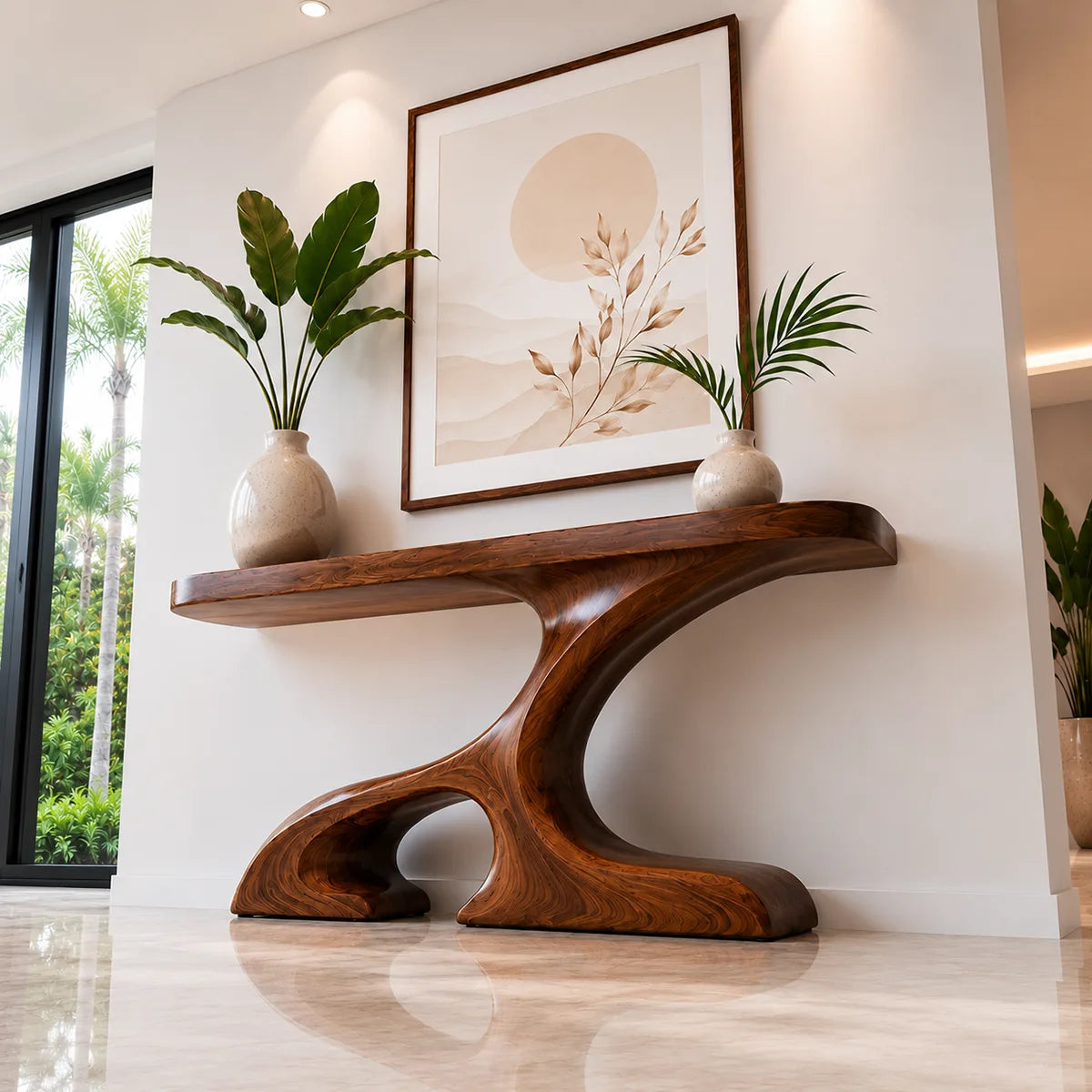 Sculptural Wood Console Table with Curved Base for Entryway Decor