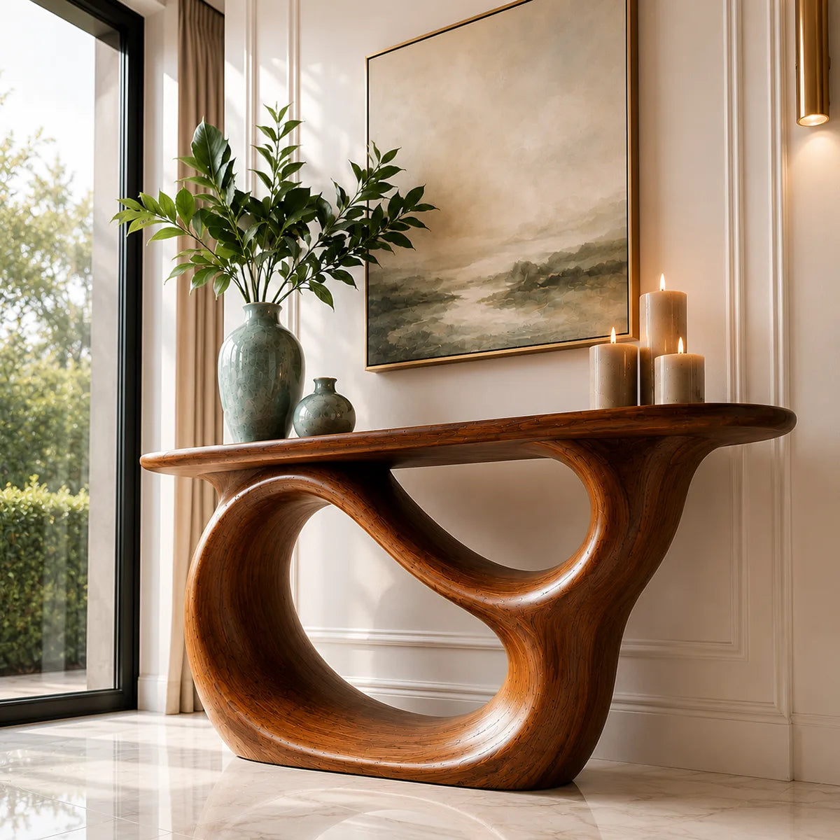 Sculptural Wood Console Table with Oval Cutout Base for Entryway
