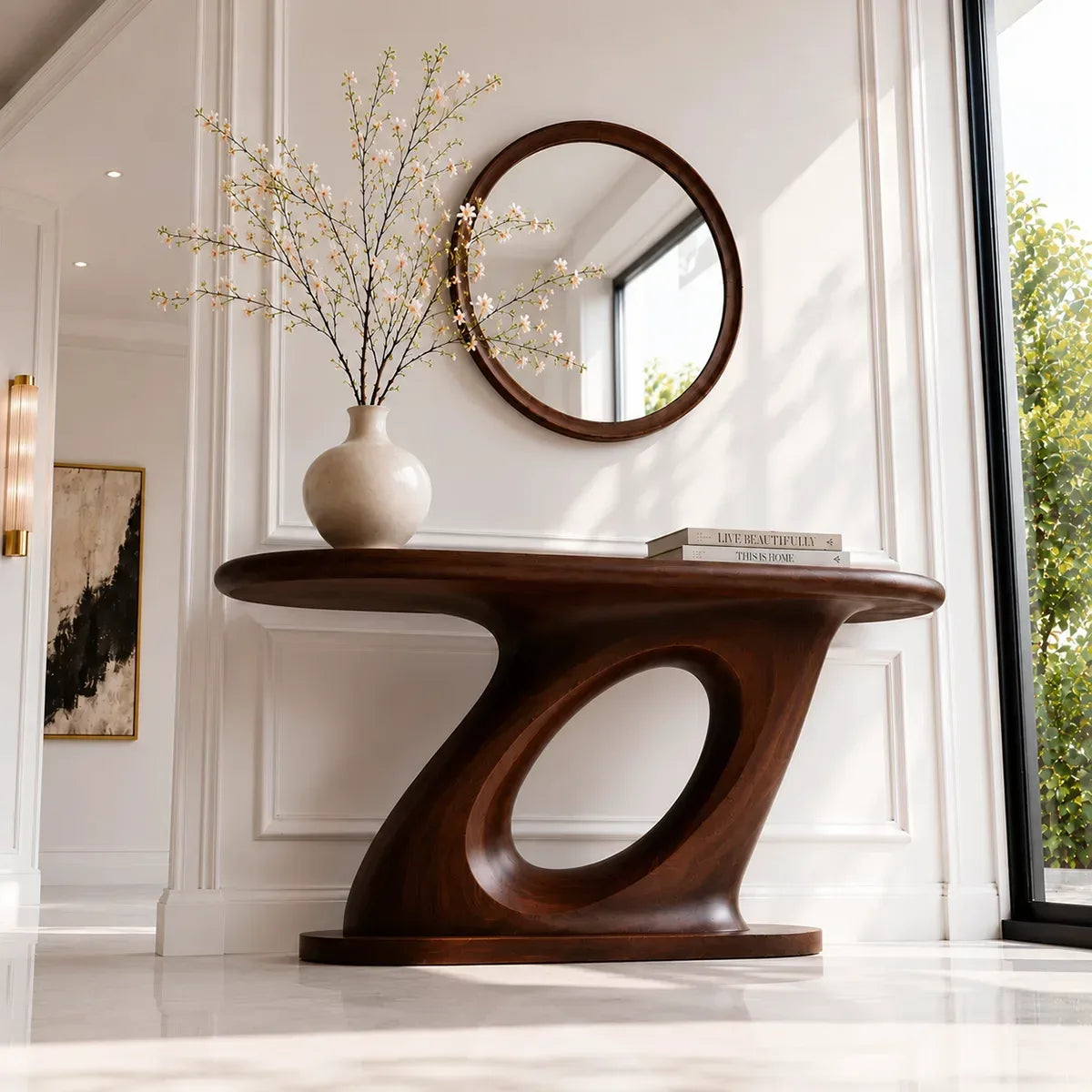 Modern Sculptural Solid Wood Console Table for Entryway Decor