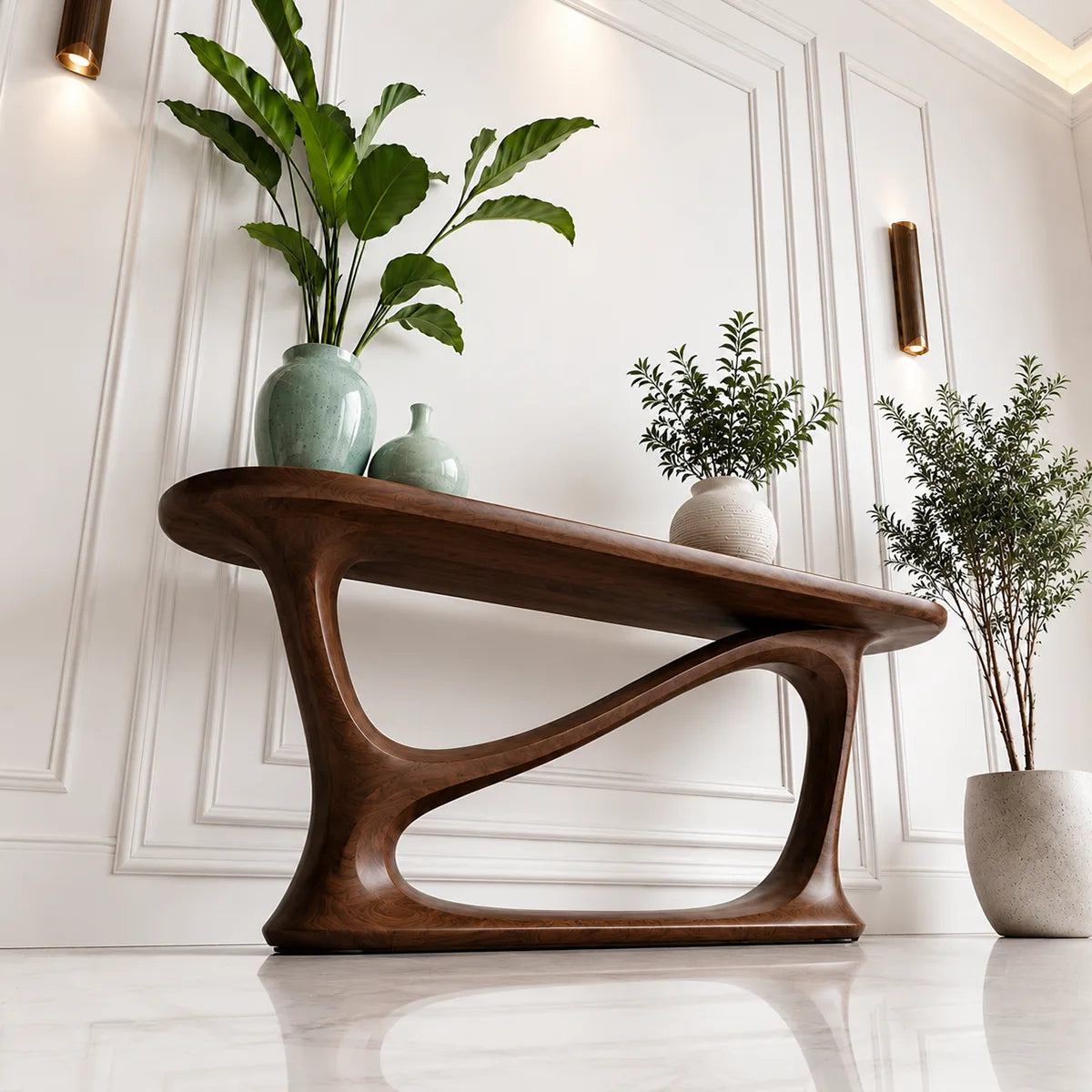 Handcrafted Solid Wood Console Table with Sculptural Base