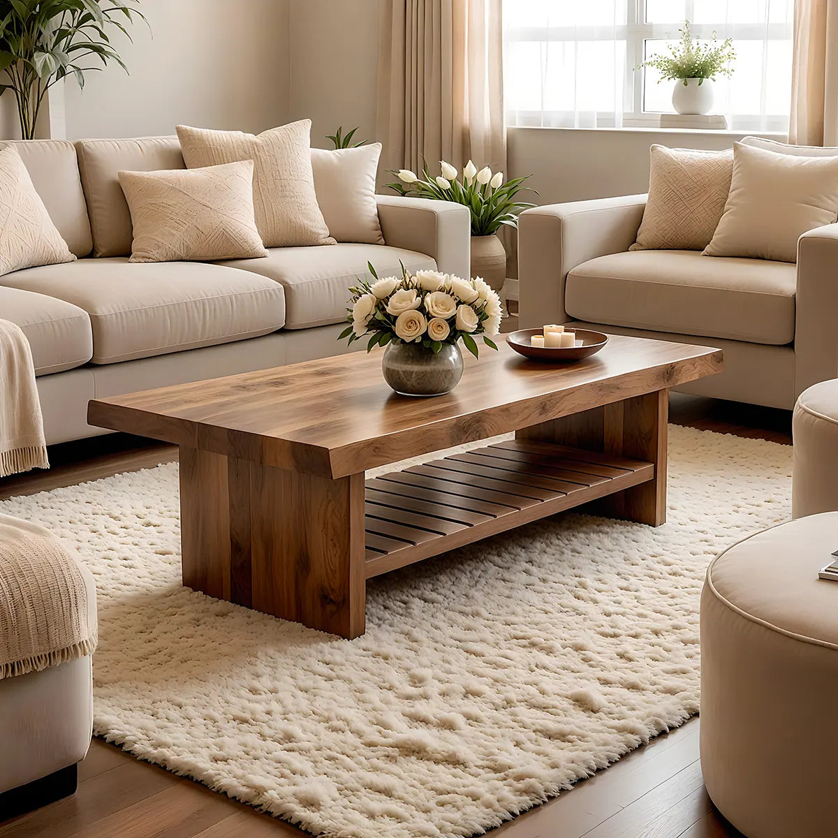 Modern Wooden Coffee Table with Slatted Open Shelf for Home Decor