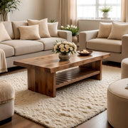 Modern Wooden Coffee Table with Slatted Open Shelf for Home Decor