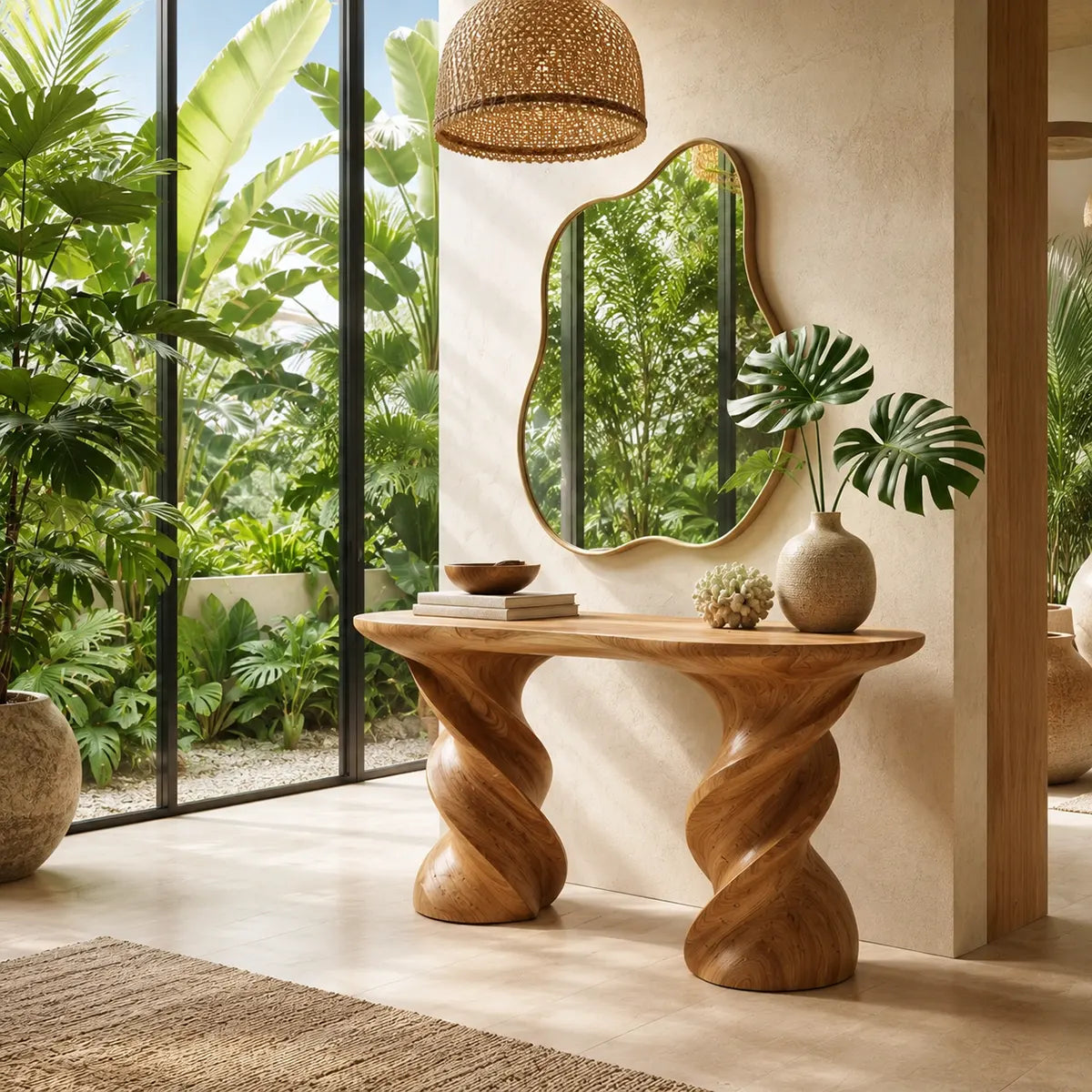 Modern Twisted Pedestal Console Table | Sculptural Solid Wood Entryway Hallway Accent Table TT006-8565