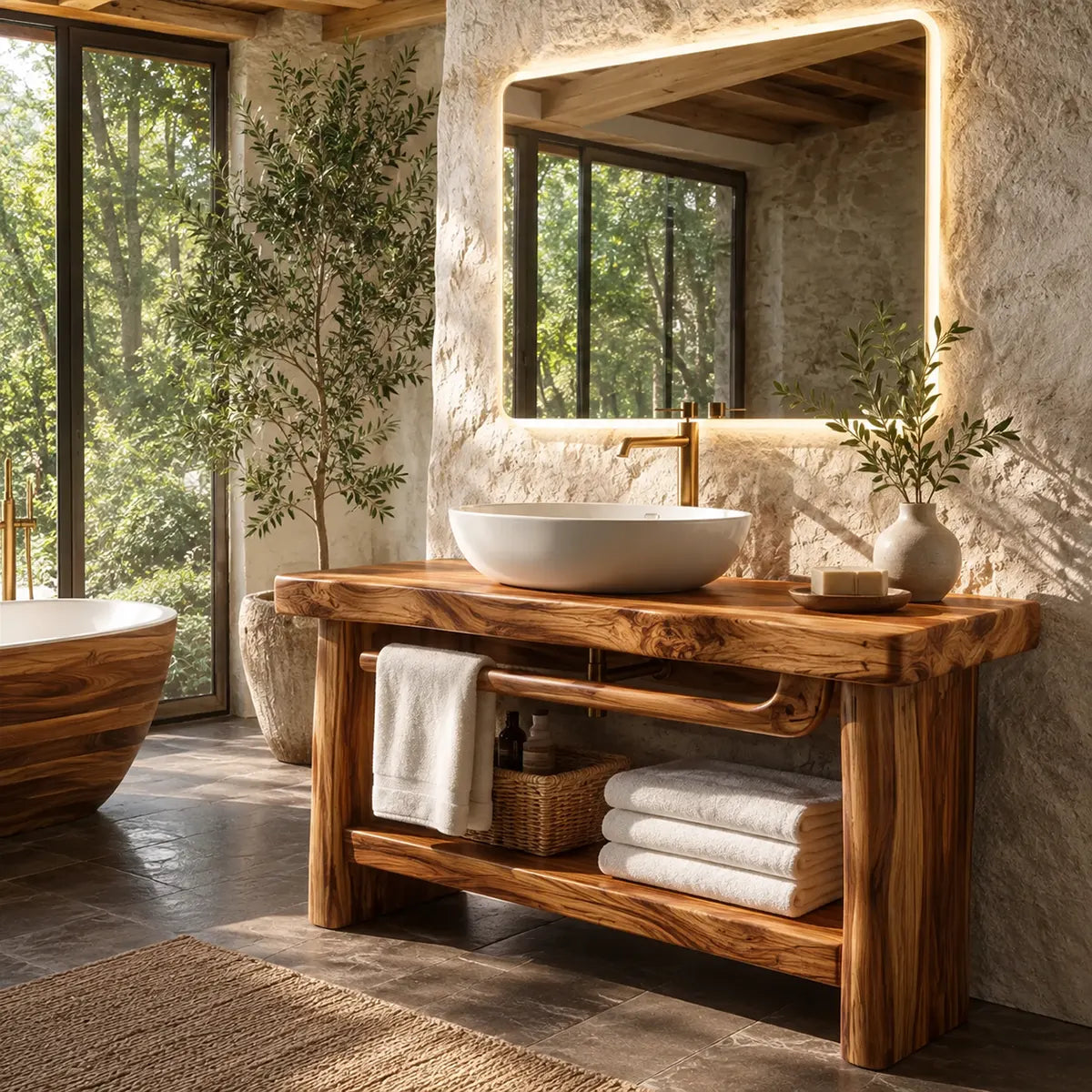 Freestanding Bathroom Vanity with Open Shelf & Towel Bar | Organic Modern Design TT006-4KEH4XG