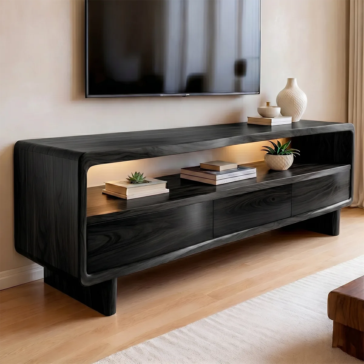 Modern Solid Wood Geometric Sculptural TV Stand
