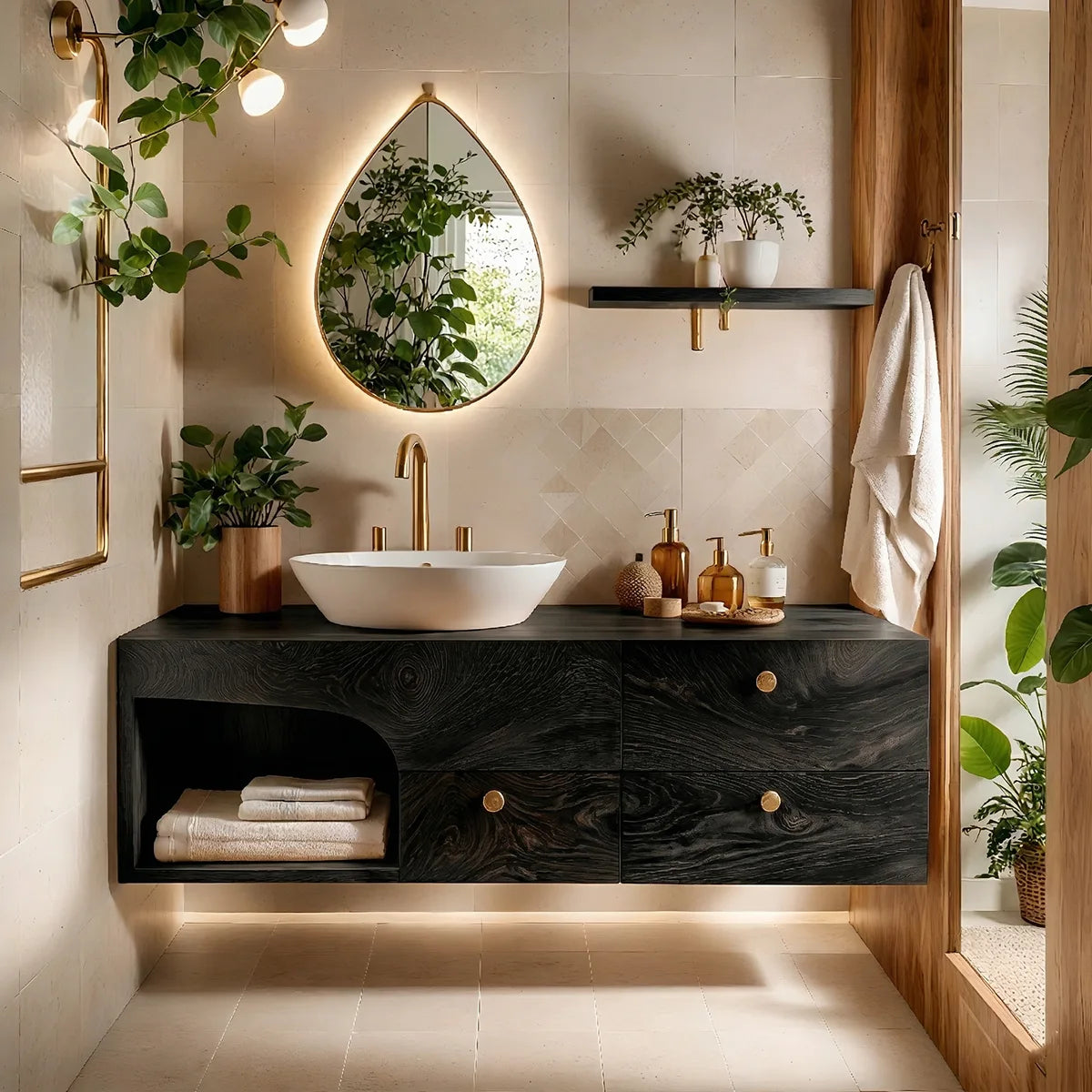 Floating Solid Wood Bathroom Vanity with 3 Drawers and Open Side Shelf