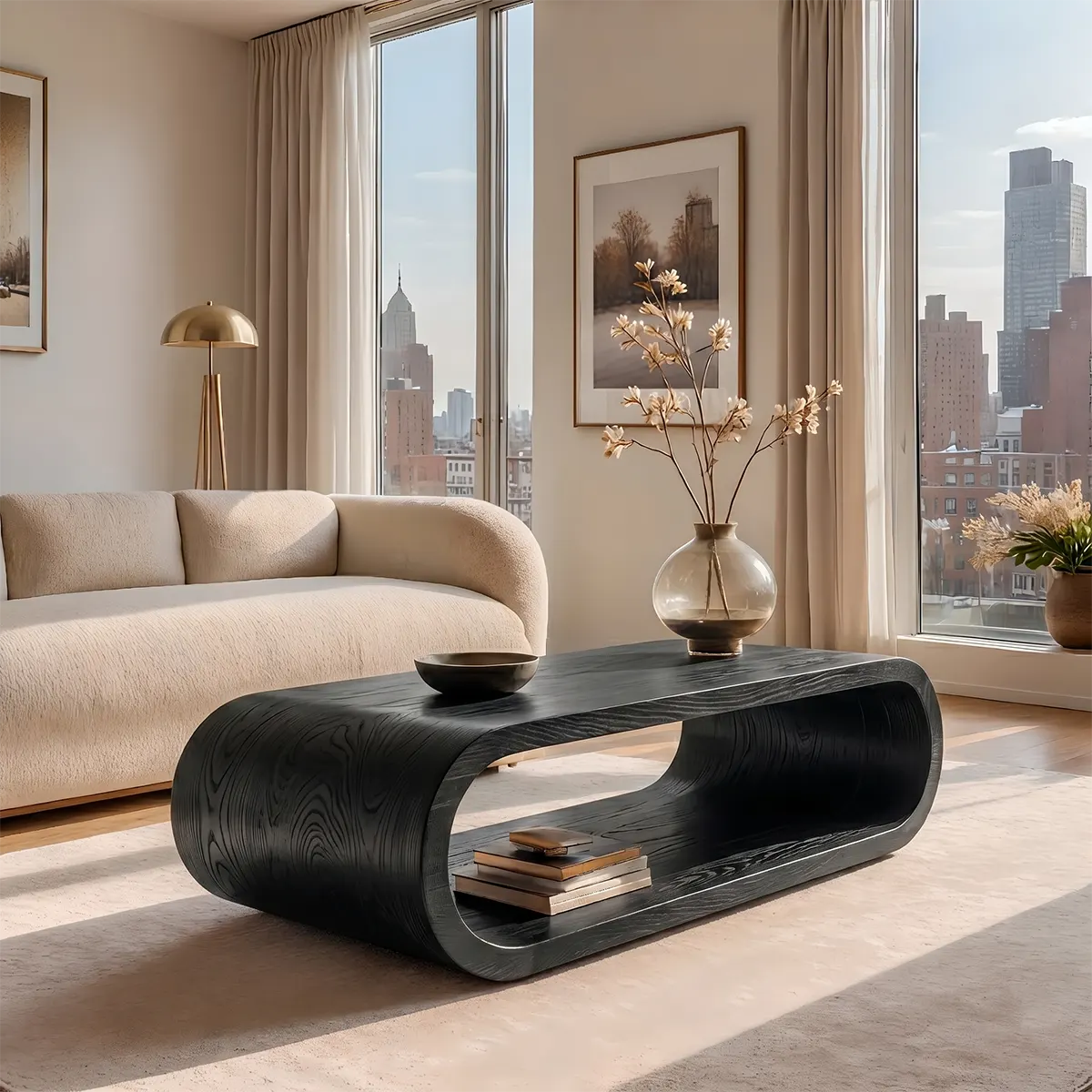 Modern Solid Wood Continuous Oval Coffee Table with Open Storage