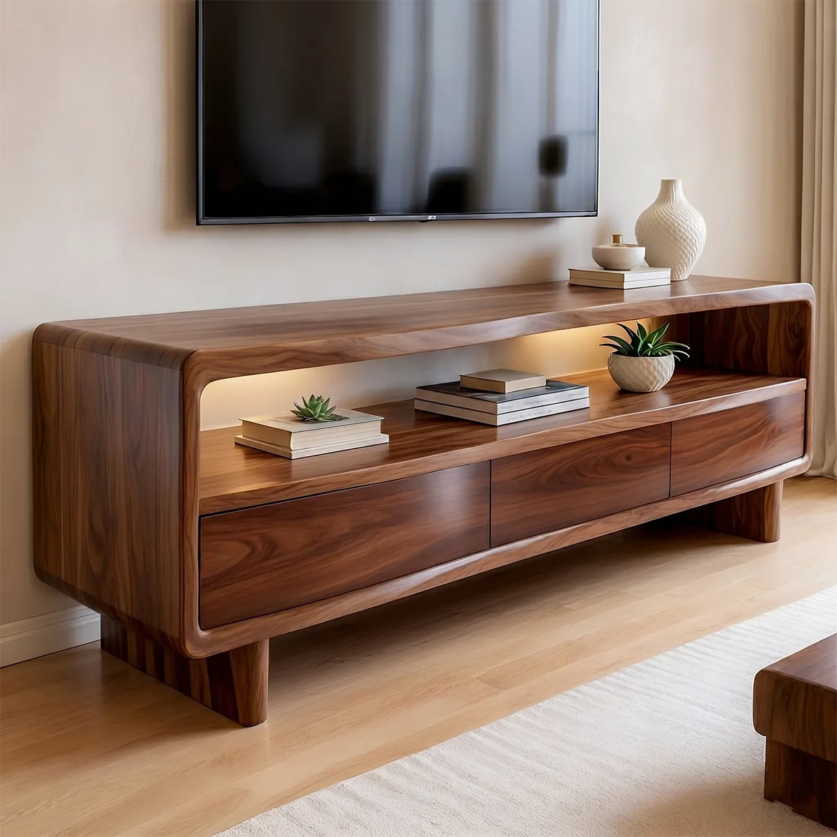 Modern Solid Wood Geometric Sculptural TV Stand