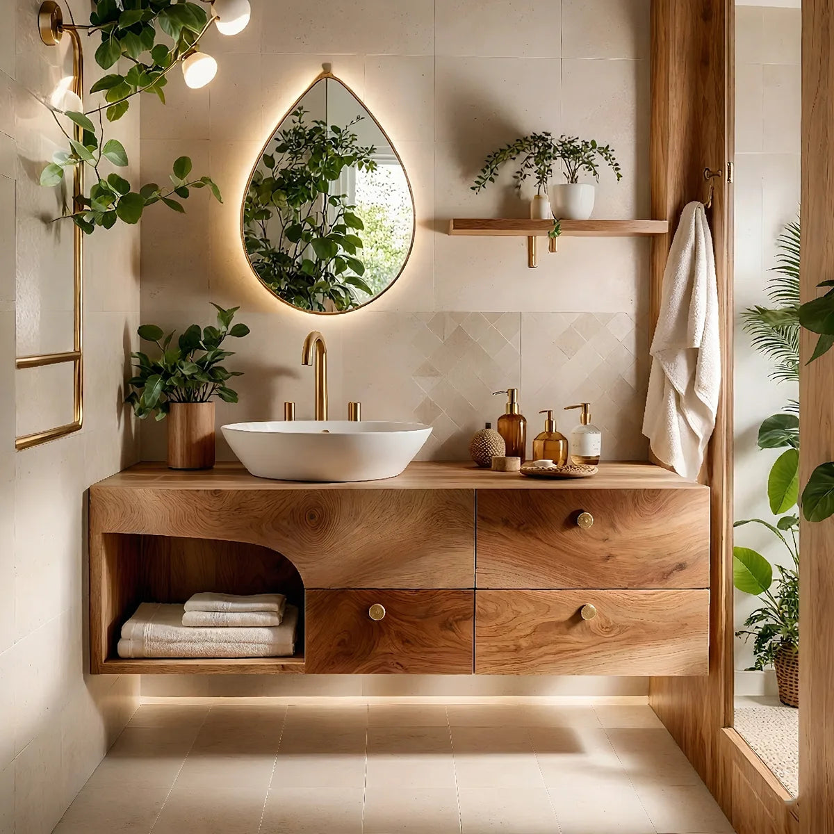 Floating Solid Wood Bathroom Vanity with 3 Drawers and Open Side Shelf