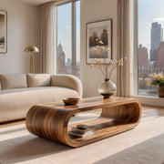 Modern Solid Wood Continuous Oval Coffee Table with Open Storage