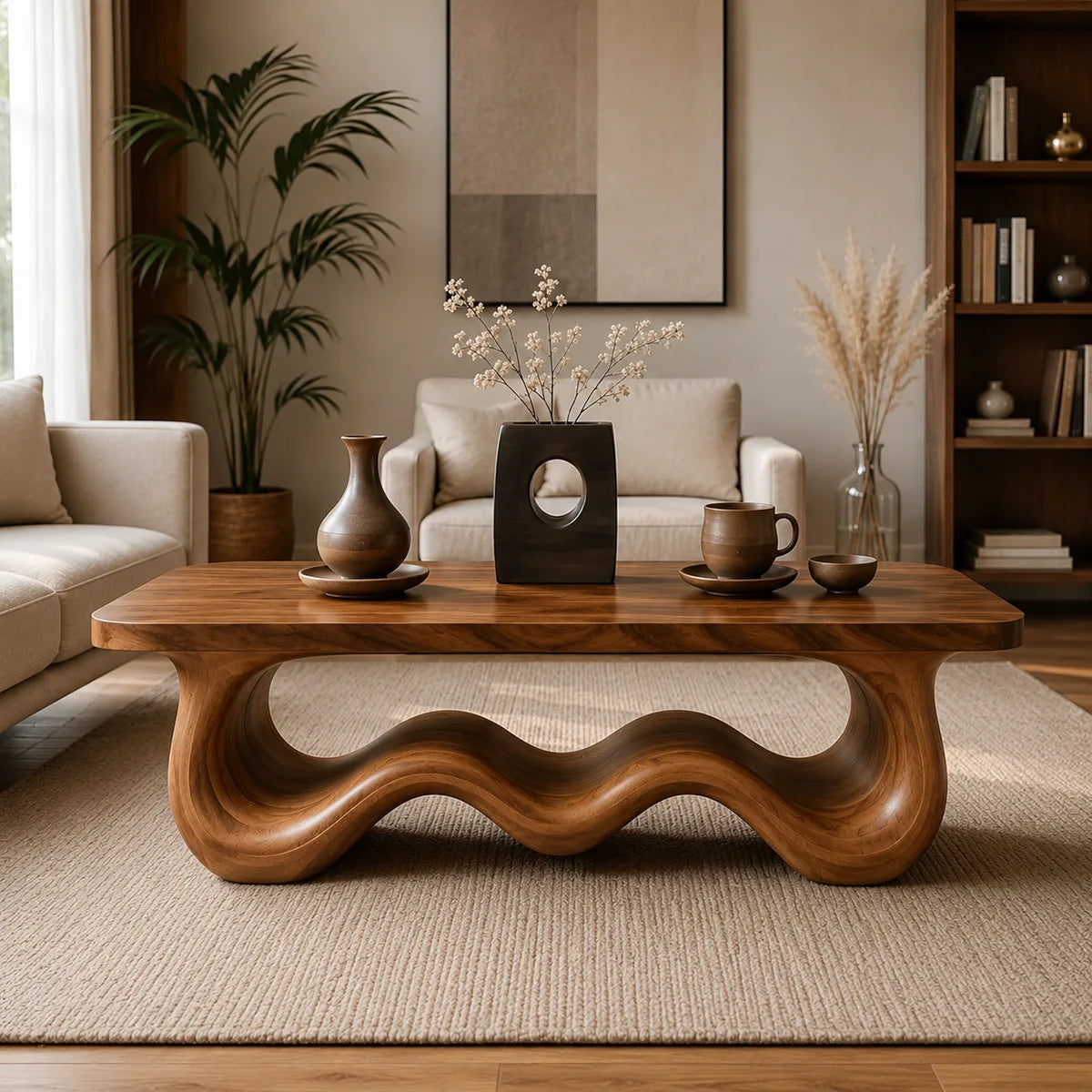 Handcrafted Solid Wood Coffee Table with Sculptural Wave Base TT006-8536