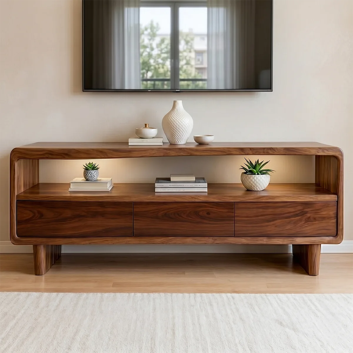 Modern Solid Wood Geometric Sculptural TV Stand