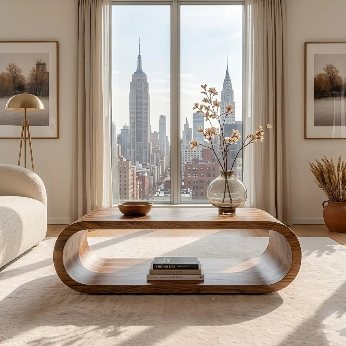 Modern Solid Wood Continuous Oval Coffee Table with Open Storage