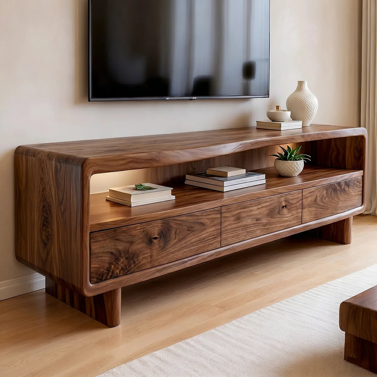 Modern Solid Wood Geometric Sculptural TV Stand
