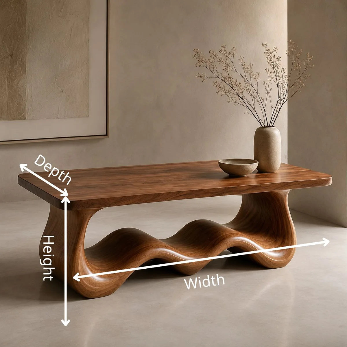 Handcrafted Solid Wood Coffee Table with Sculptural Wave Base TT006-8536