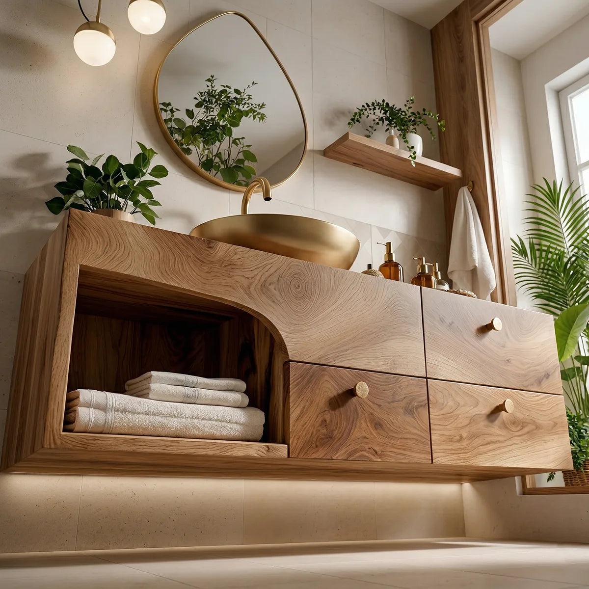 Floating Solid Wood Bathroom Vanity with 3 Drawers and Open Side Shelf
