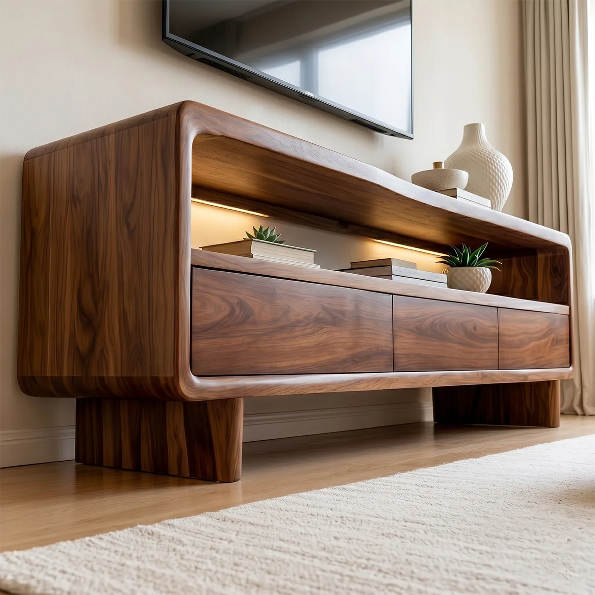Modern Solid Wood Geometric Sculptural TV Stand