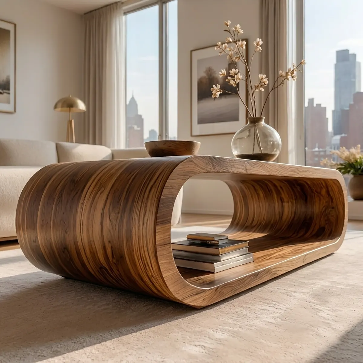 Modern Solid Wood Continuous Oval Coffee Table with Open Storage