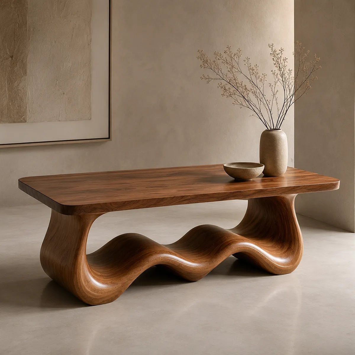 Handcrafted Solid Wood Coffee Table with Sculptural Wave Base TT006-8536