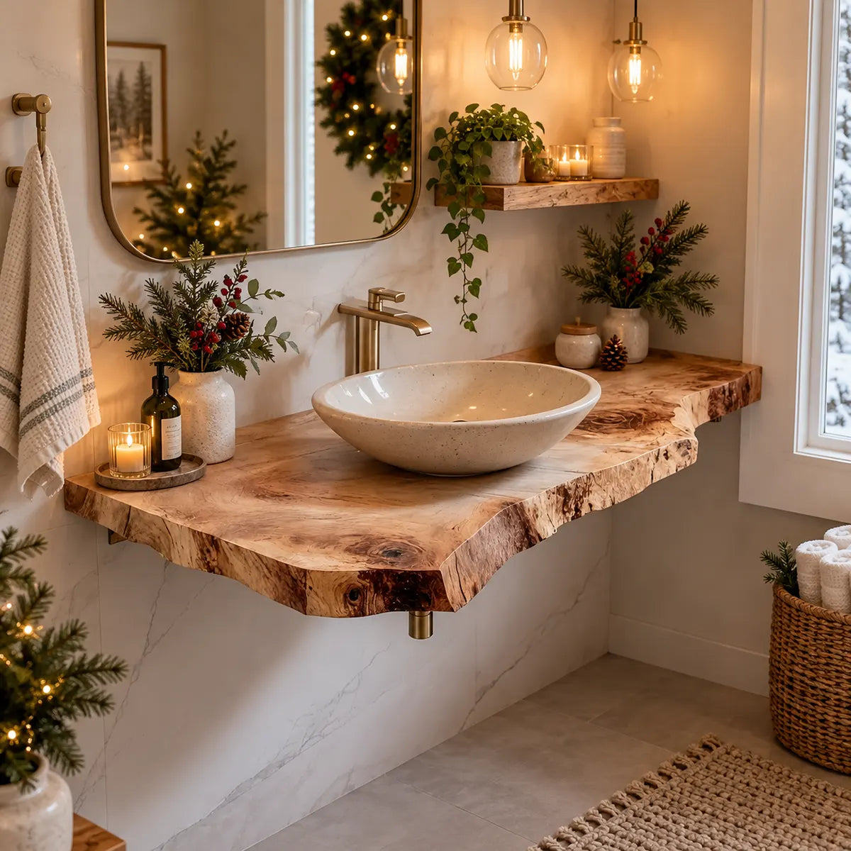 Organic Floating Bathroom Vanity with Rustic Live Edge | Wall Mounted Vanity Top TT006-9BYH6UK