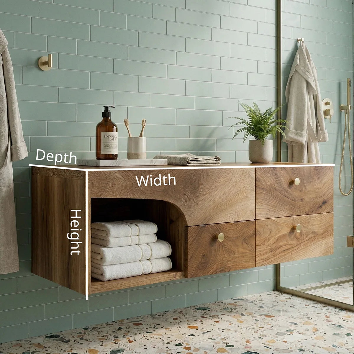 Floating Solid Wood Bathroom Vanity with 3 Drawers and Open Side Shelf