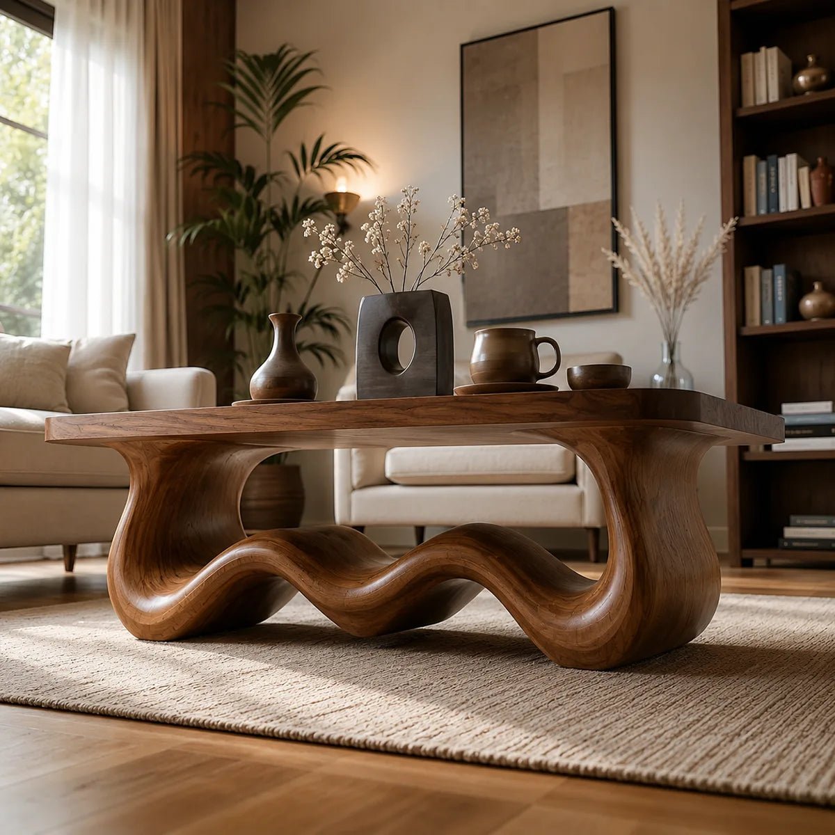 Handcrafted Solid Wood Coffee Table with Sculptural Wave Base TT006-8536