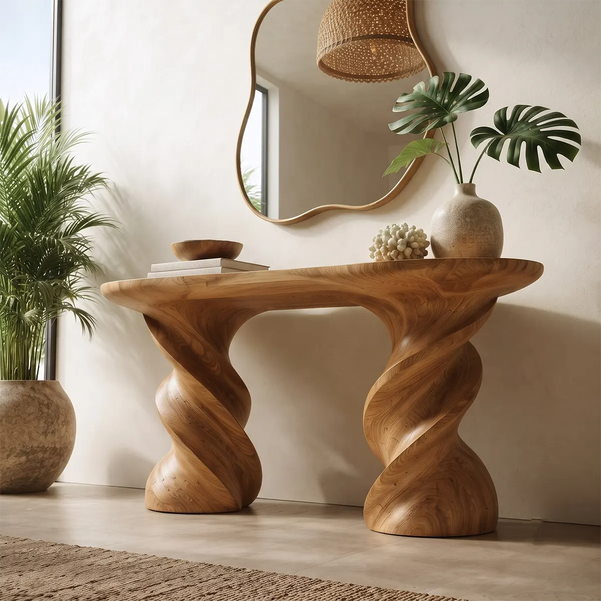 Modern Twisted Pedestal Console Table | Sculptural Solid Wood Entryway Hallway Accent Table TT006-8565