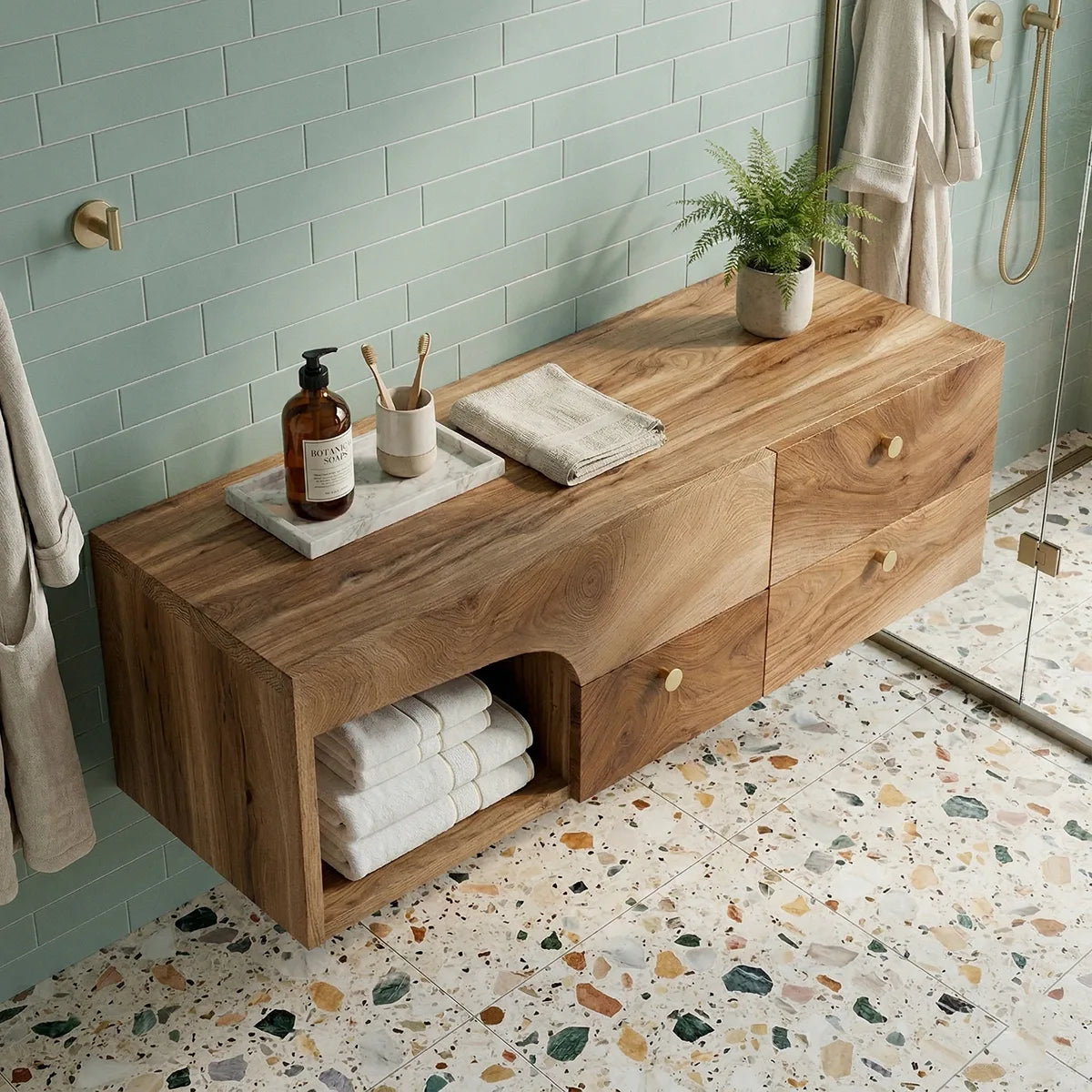 Floating Solid Wood Bathroom Vanity with 3 Drawers and Open Side Shelf