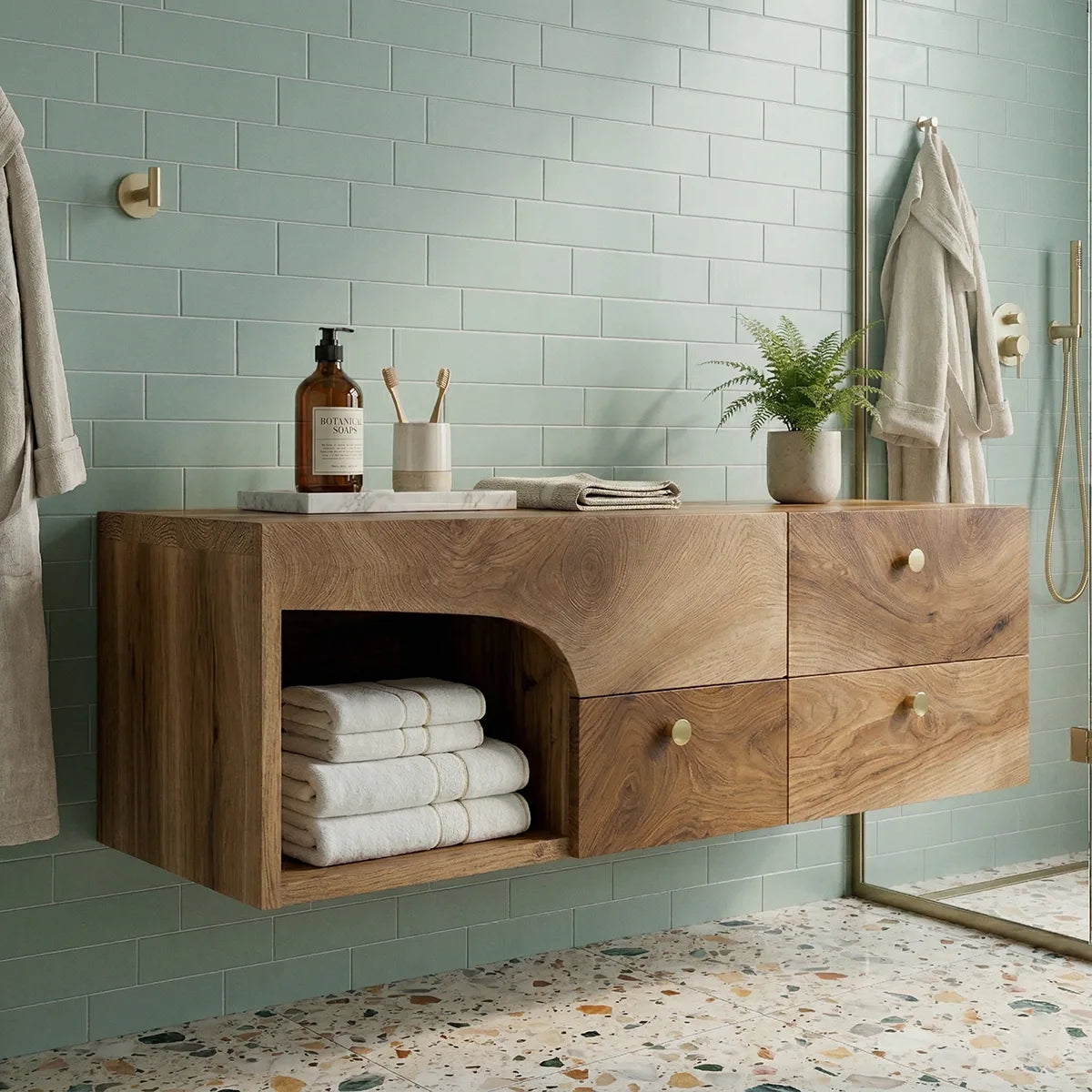 Floating Solid Wood Bathroom Vanity with 3 Drawers and Open Side Shelf