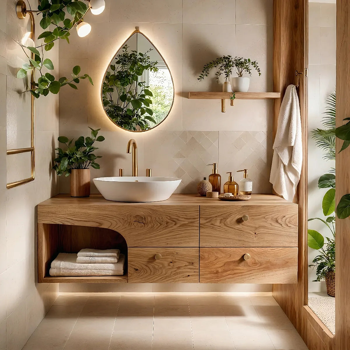 Floating Solid Wood Bathroom Vanity with 3 Drawers and Open Side Shelf