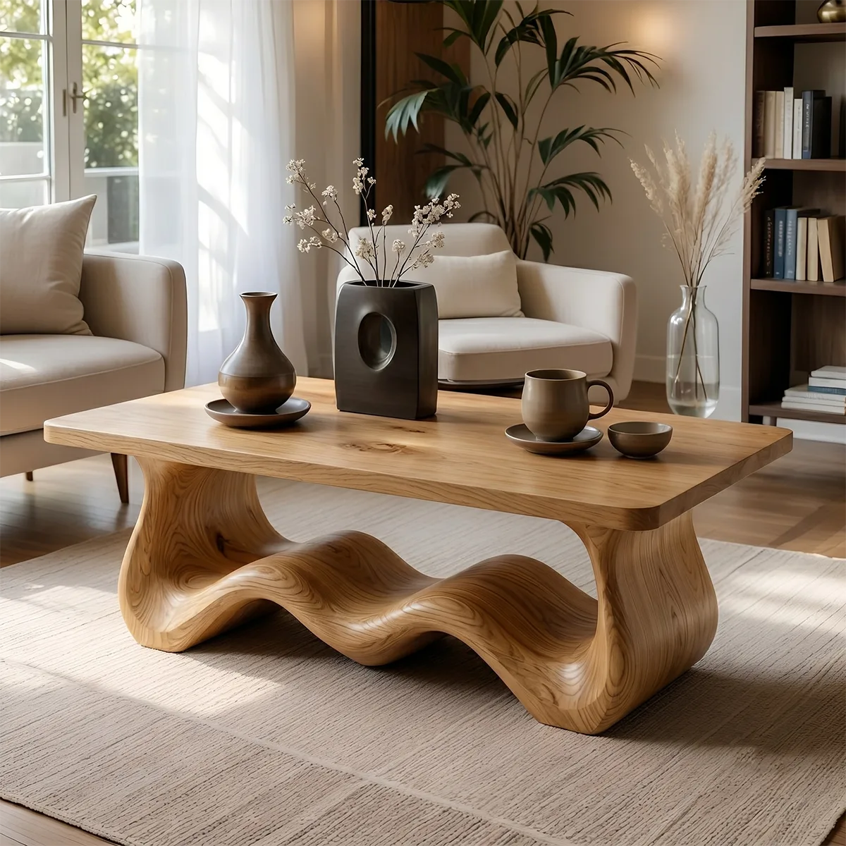Handcrafted Solid Wood Coffee Table with Sculptural Wave Base TT006-8536