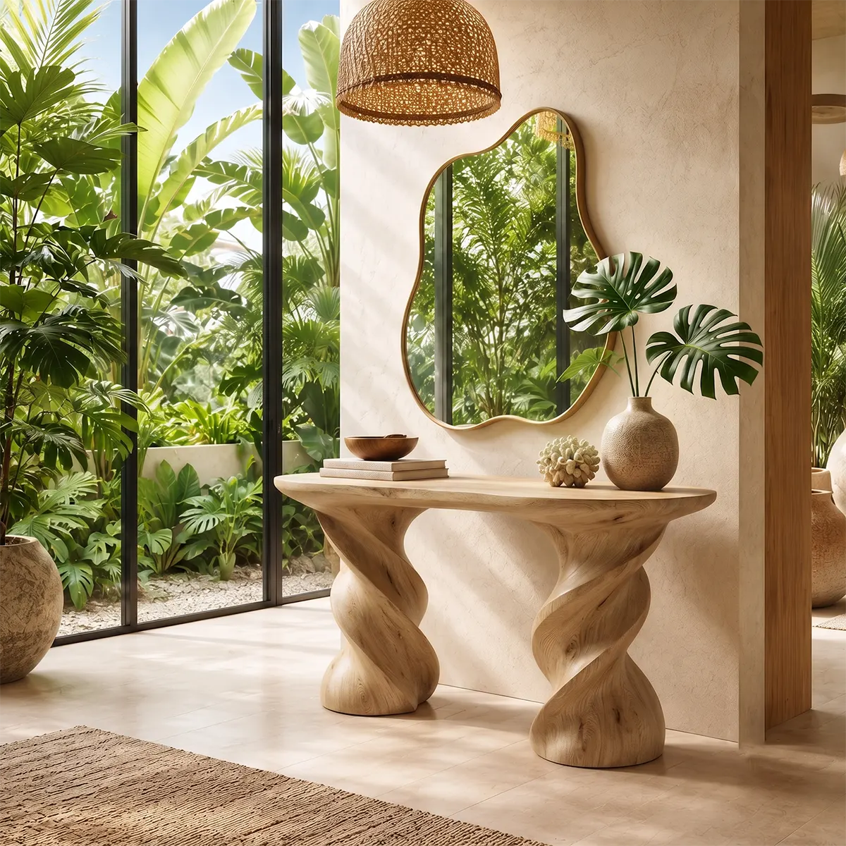 Modern Twisted Pedestal Console Table | Sculptural Solid Wood Entryway Hallway Accent Table TT006-8565