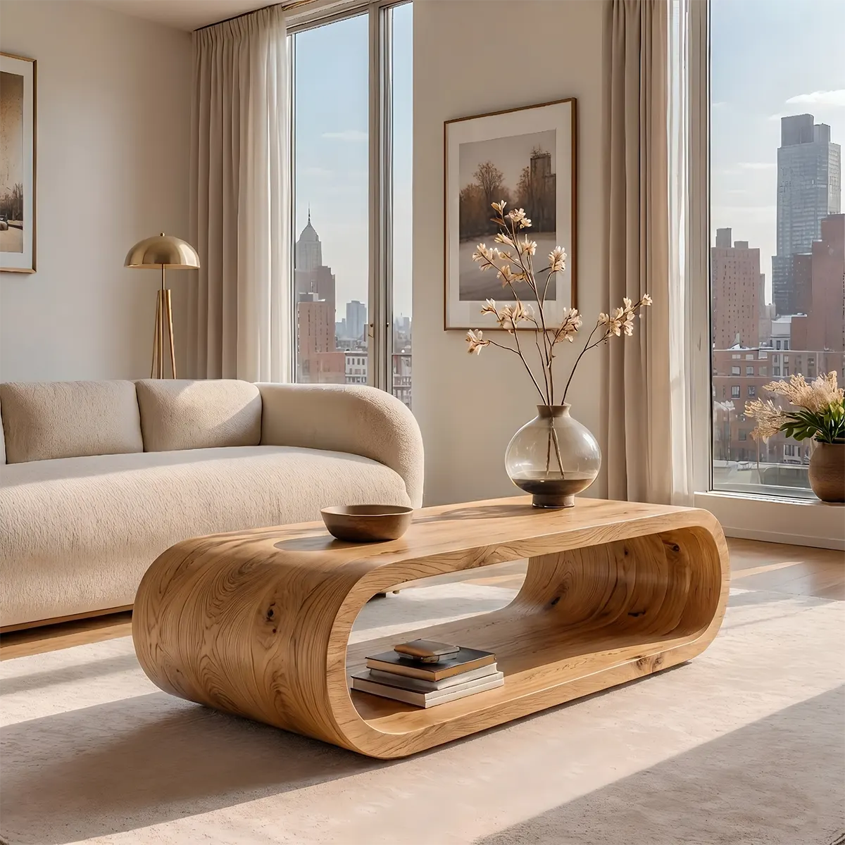 Modern Solid Wood Continuous Oval Coffee Table with Open Storage