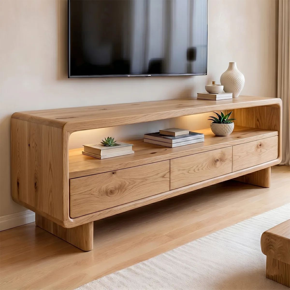 Modern Solid Wood Geometric Sculptural TV Stand