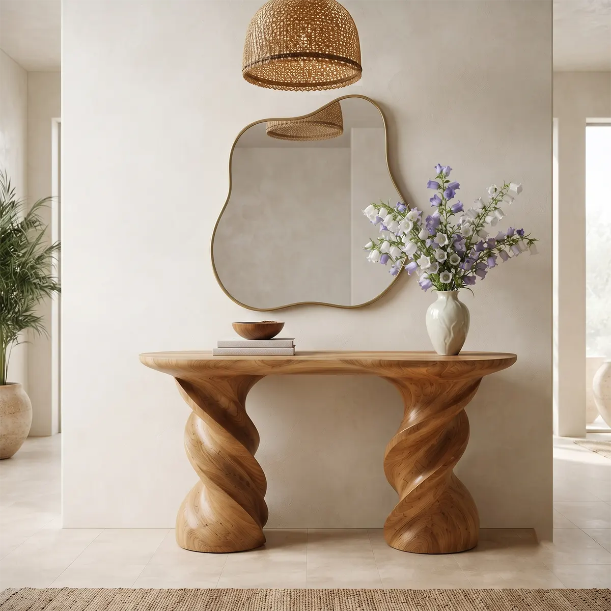Modern Twisted Pedestal Console Table | Sculptural Solid Wood Entryway Hallway Accent Table TT006-8565