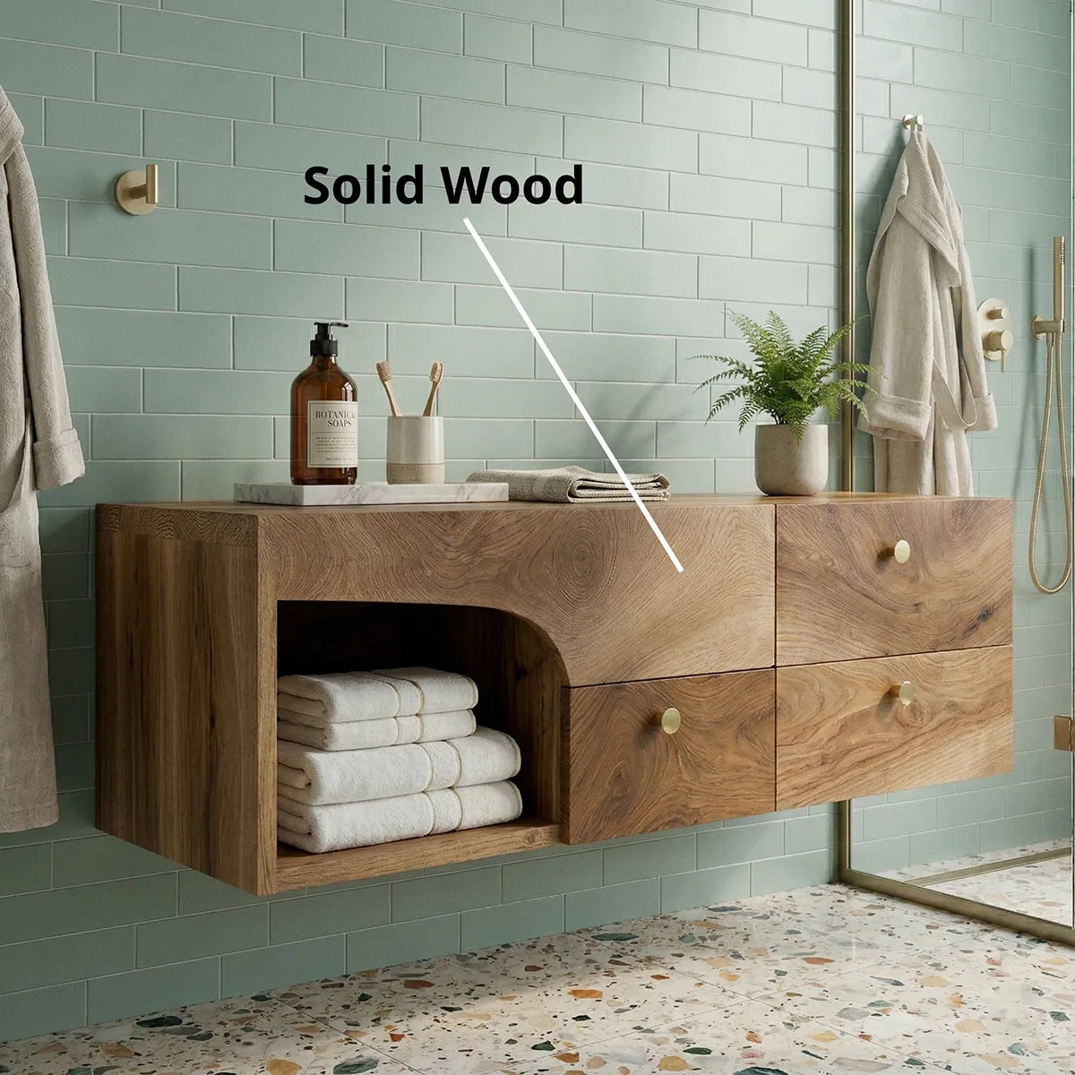 Floating Solid Wood Bathroom Vanity with 3 Drawers and Open Side Shelf