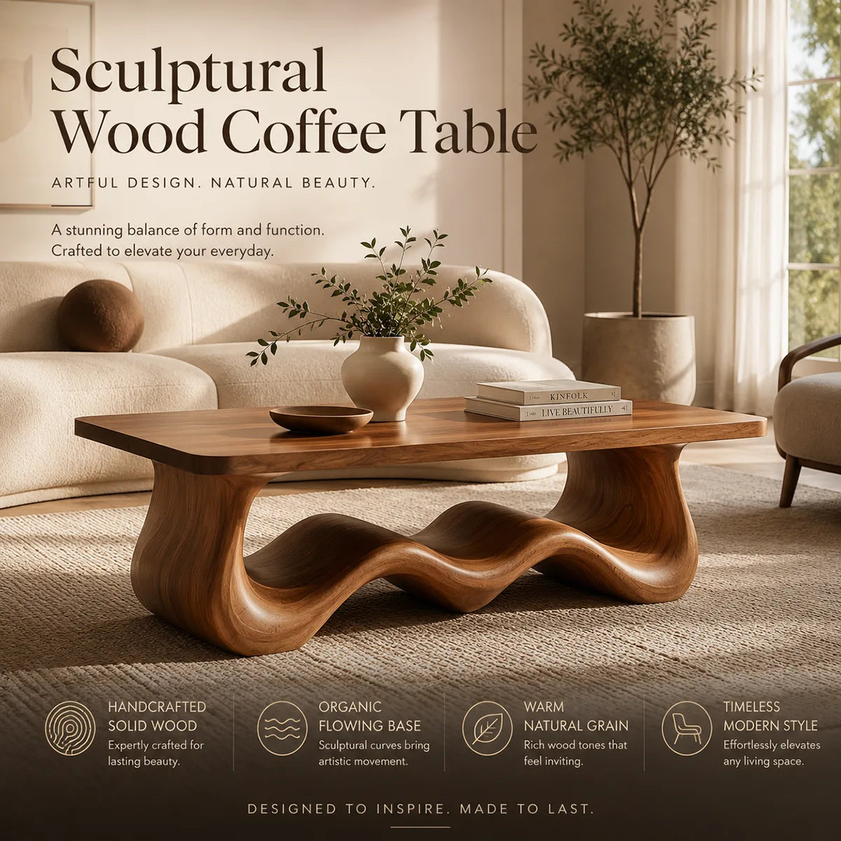 Handcrafted Solid Wood Coffee Table with Sculptural Wave Base TT006-8536