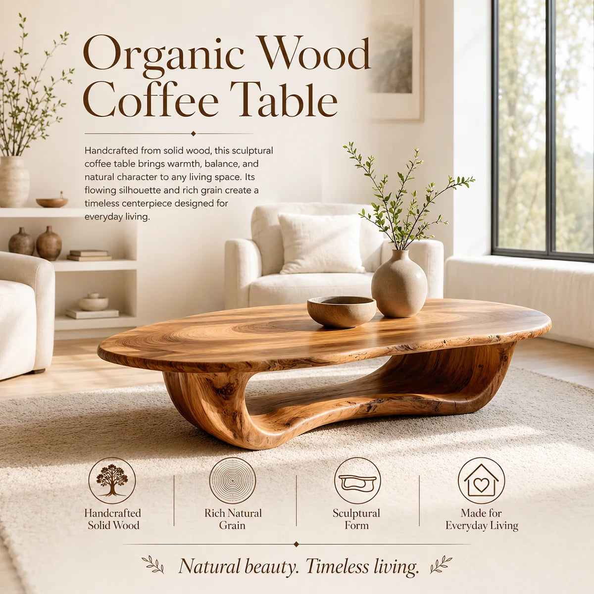 Organic Live Edge Oval Coffee Table | Handcrafted Solid Wood Center Table TT006-2119