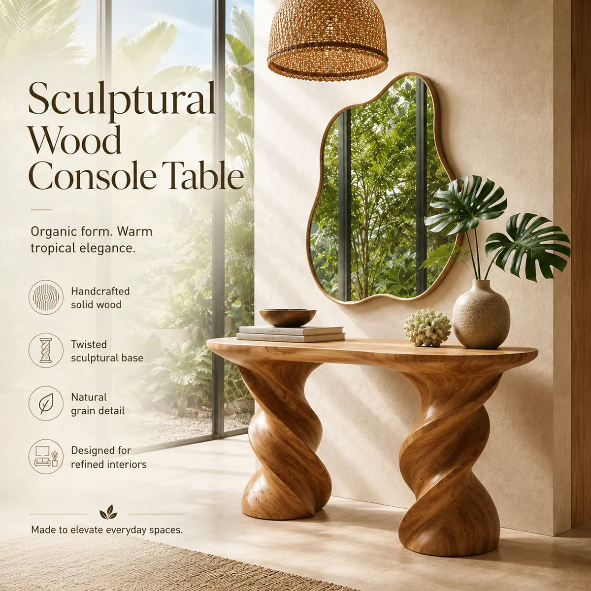 Modern Twisted Pedestal Console Table | Sculptural Solid Wood Entryway Hallway Accent Table TT006-8565