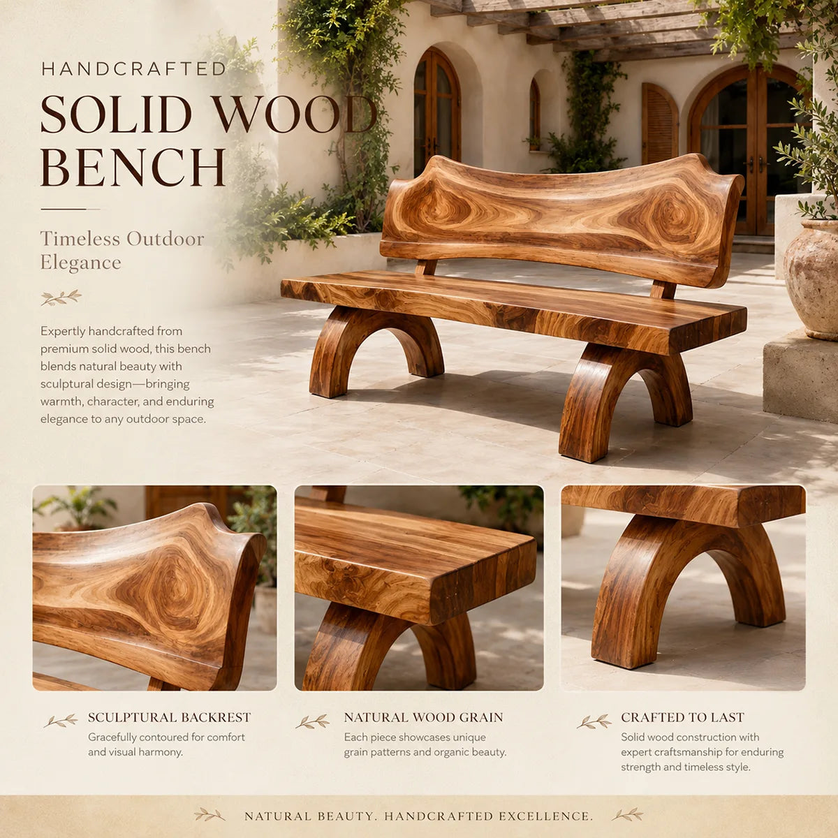 Organic Solid Wood Bench | Handcrafted Modern Wooden Garden & Entryway Bench TT006-6651