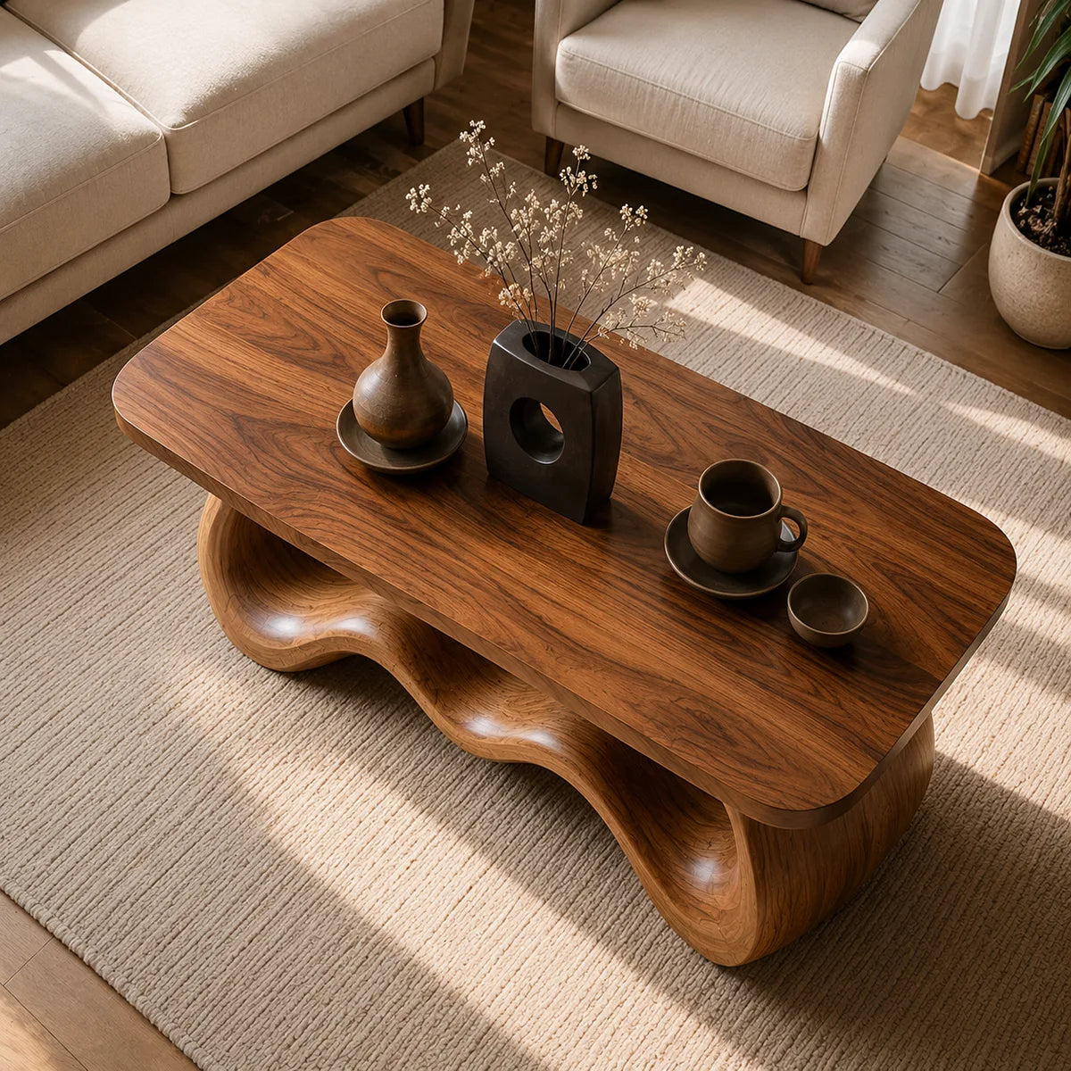 Handcrafted Solid Wood Coffee Table with Sculptural Wave Base TT006-8536