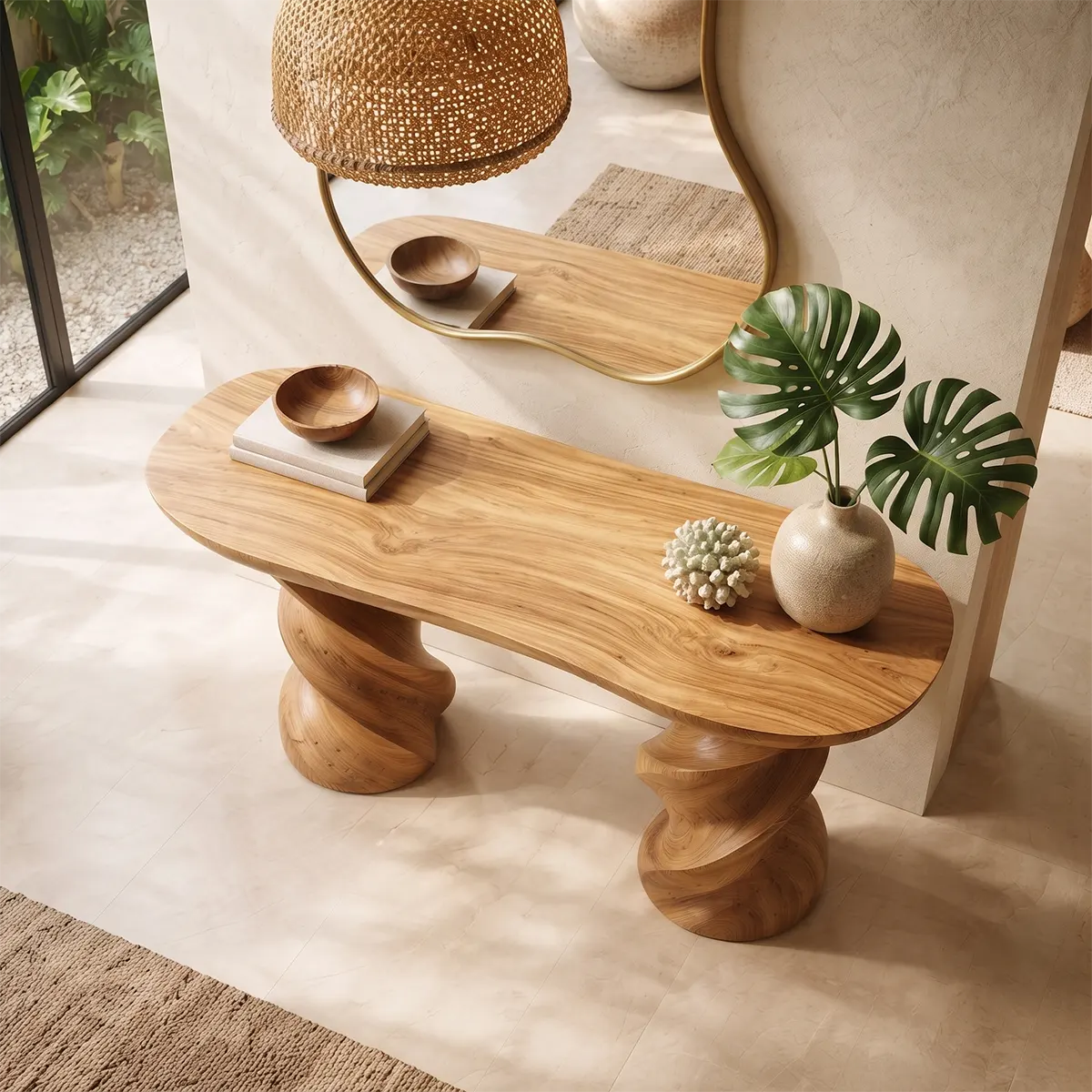 Modern Twisted Pedestal Console Table | Sculptural Solid Wood Entryway Hallway Accent Table TT006-8565
