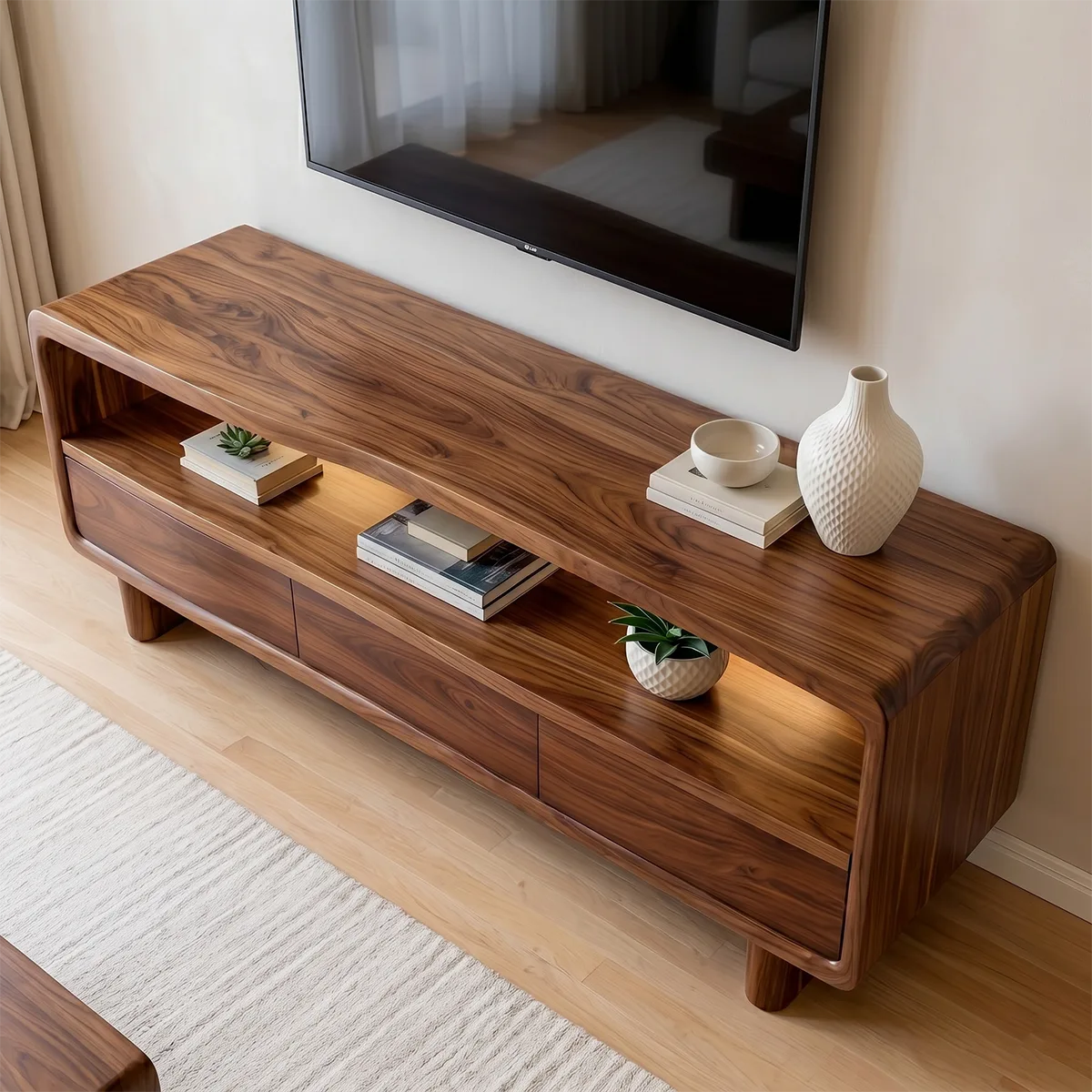 Modern Solid Wood Geometric Sculptural TV Stand
