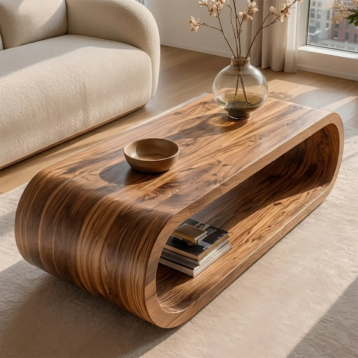 Modern Solid Wood Continuous Oval Coffee Table with Open Storage