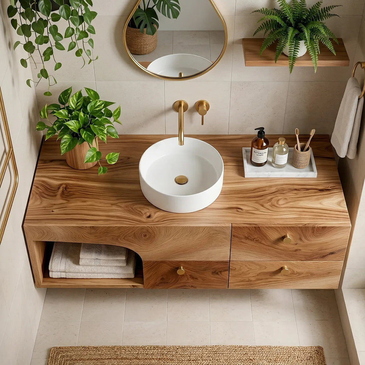 Floating Solid Wood Bathroom Vanity with 3 Drawers and Open Side Shelf