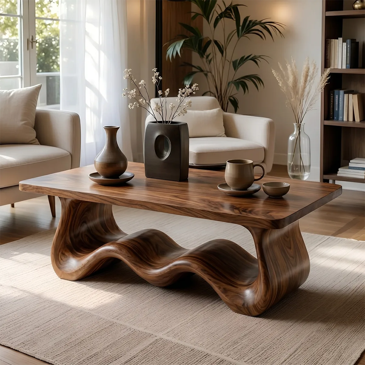Handcrafted Solid Wood Coffee Table with Sculptural Wave Base TT006-8536