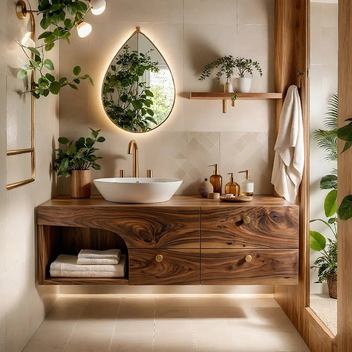 Floating Solid Wood Bathroom Vanity with 3 Drawers and Open Side Shelf