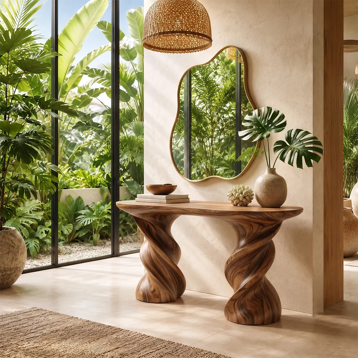 Modern Twisted Pedestal Console Table | Sculptural Solid Wood Entryway Hallway Accent Table TT006-8565