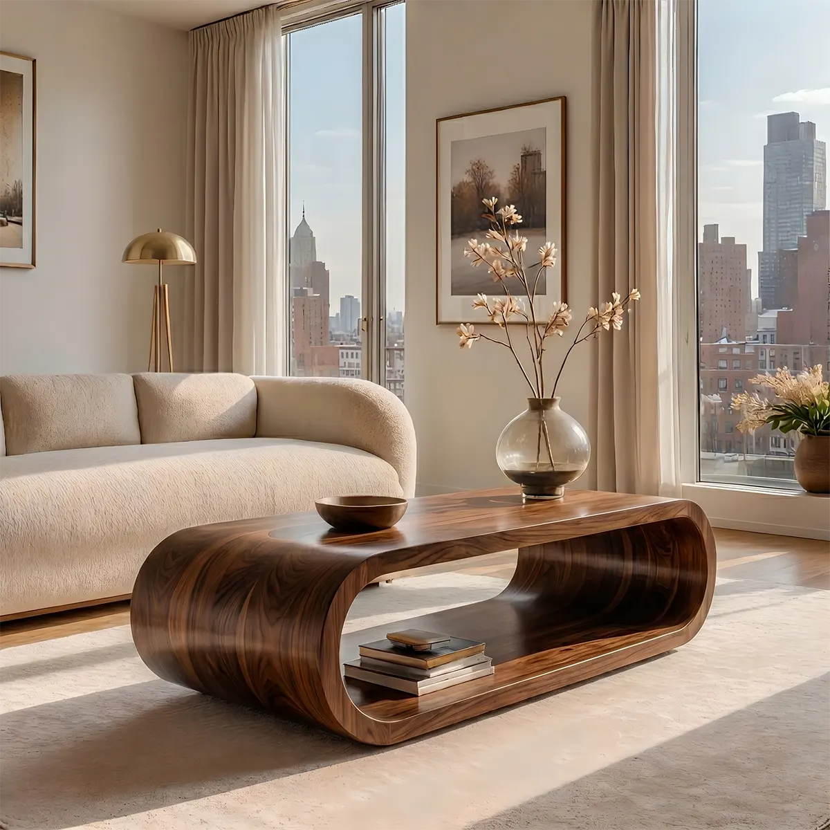 Modern Solid Wood Continuous Oval Coffee Table with Open Storage